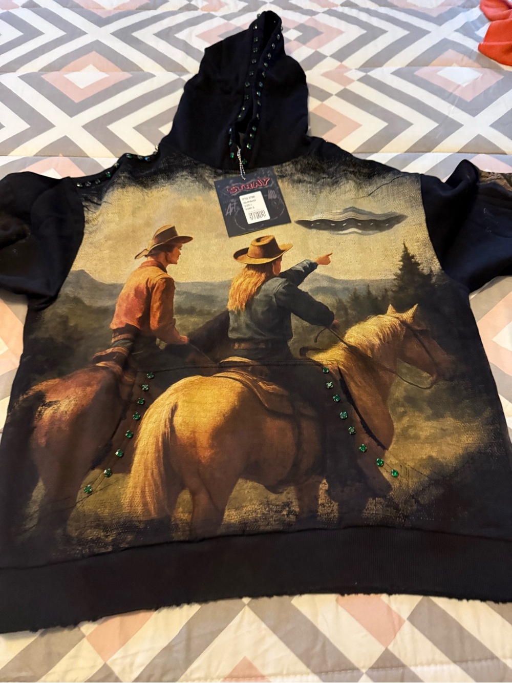 Stray Black Graphic Cowboy Print Hoodie with Embellished Gems